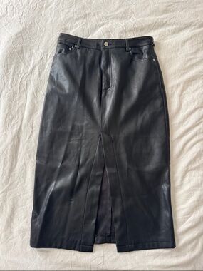 7 For All Mankind Black Faux Leather Pencil Skirt with Front Slit